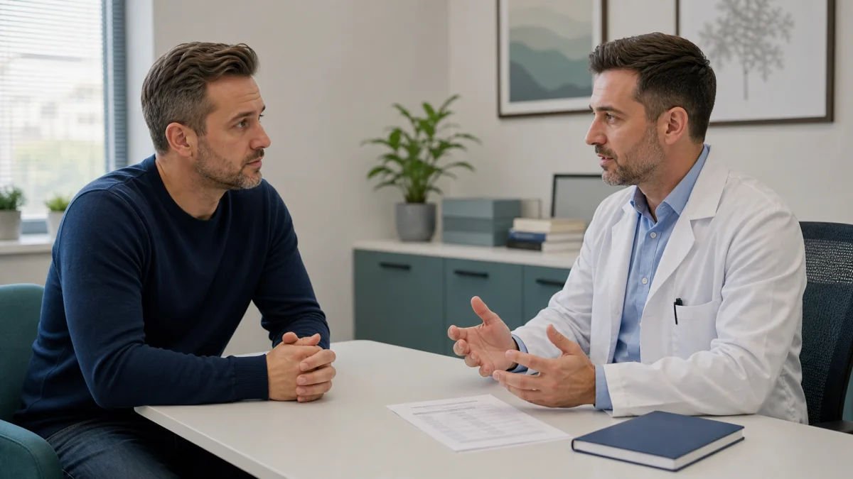 Erwachsener Mann im Beratungsgespräch mit einem Arzt in einer modernen Praxis zur Hormonuntersuchung